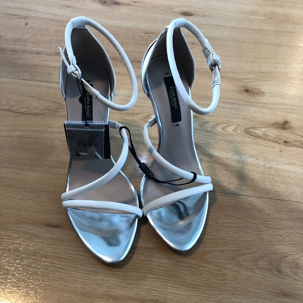 Zara White silver mirror strappy sandals size 6